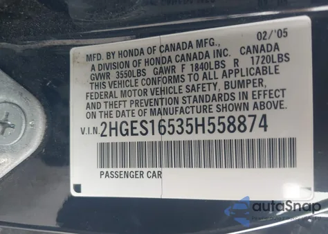 2005 Honda Civic Lx из США, поврежденный, VIN 2HGES16535H558874